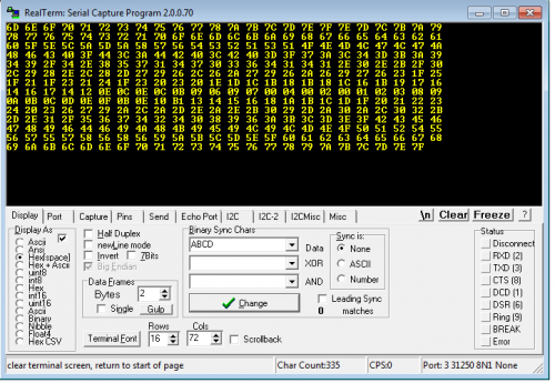The output dropped onto my PC. Note: RealTerm allows me to enter in 31250 baud.. 8N1